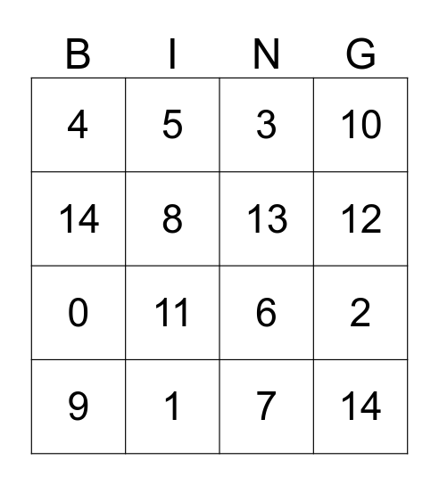 Number Bingo  Bingo Card