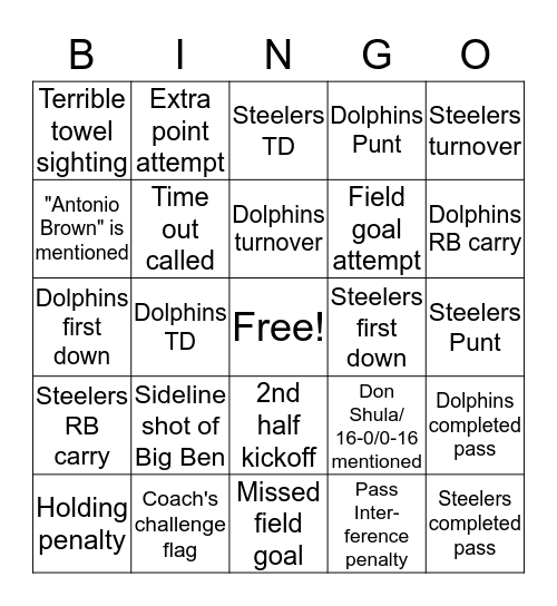 Steelers v. Dolphins Bingo Card