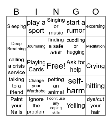 Coping Skills Bingo Card