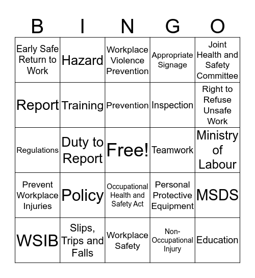 Health and Safety Week Bingo Card