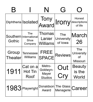 Tennessee Williams Presenation  Bingo Card