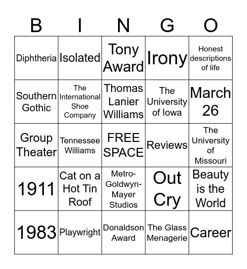 Tennessee Williams Presenation  Bingo Card