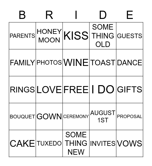 Bridal Bingo Card