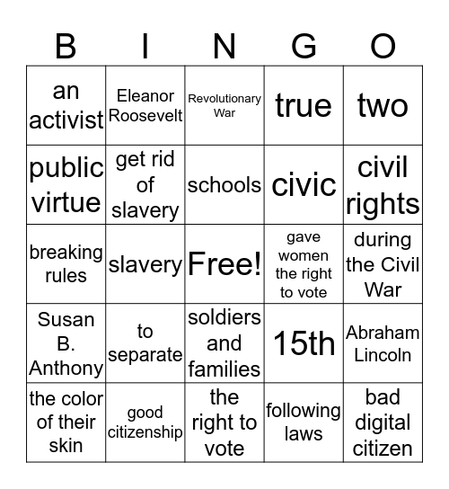 Citizenship and Civic Engagement  Bingo Card