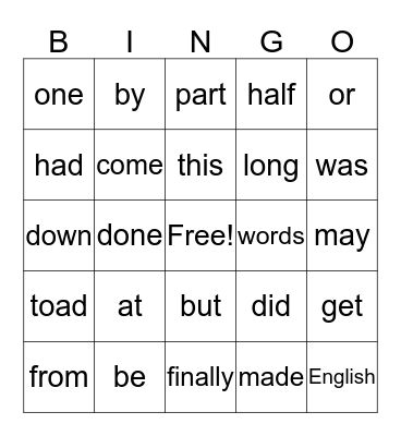 Sight Word Bingo Card