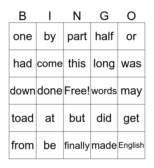 Sight Word Bingo Card