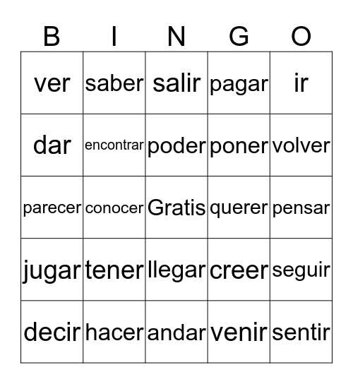 Spanish Irregular Verbs Bingo Card