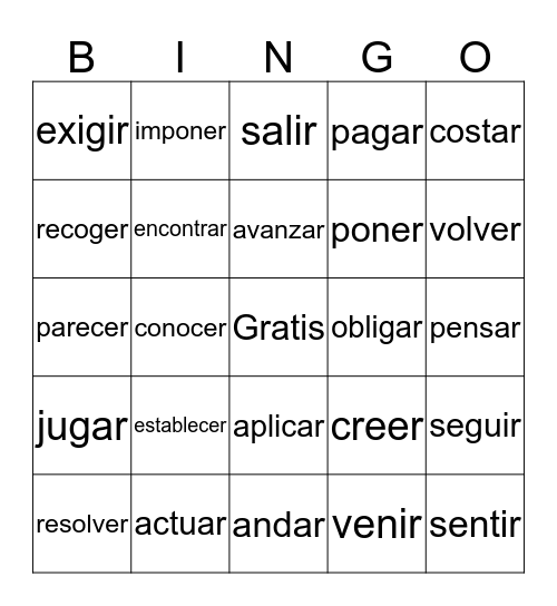 Spanish Irregular Verbs Bingo Card