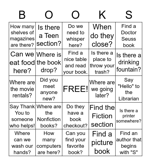 Day At The Library!!!!! Bingo Card