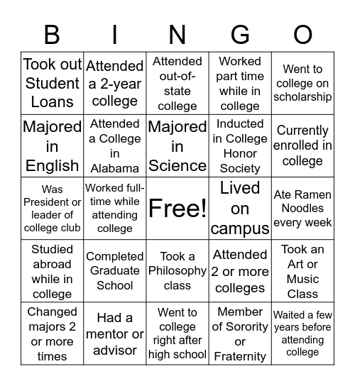 BHS College Bingo Card