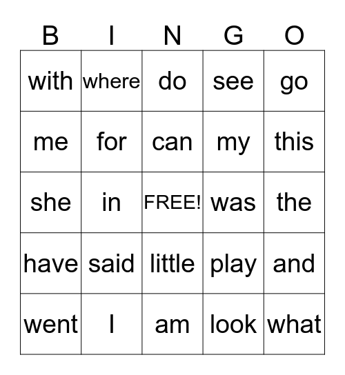 Sight Word Bingo Card