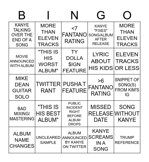 NEW KANYE ALBUM BINGO Card