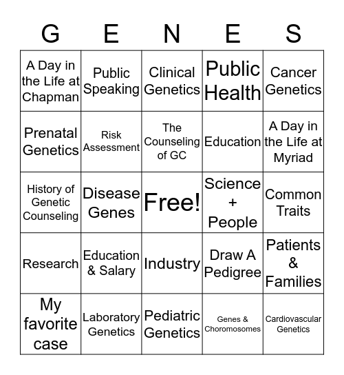 Genetic Counseling Bingo Card
