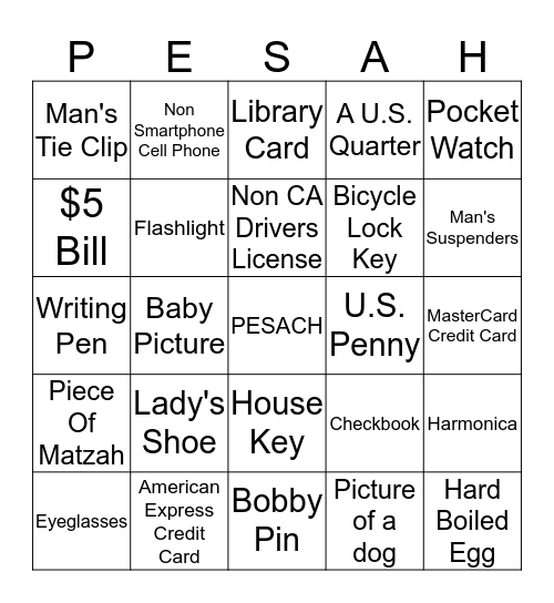 Pesach Scavenger Hunt Bingo Card