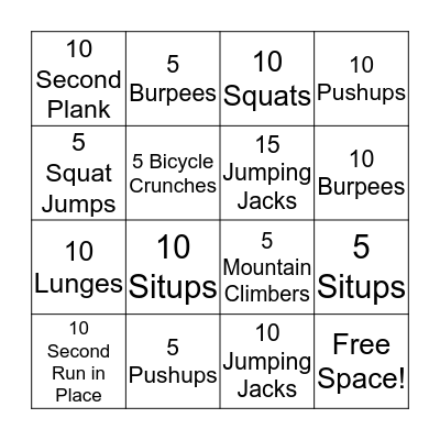 Fitness Bingo Card