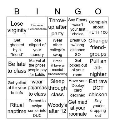 College Bingo Card