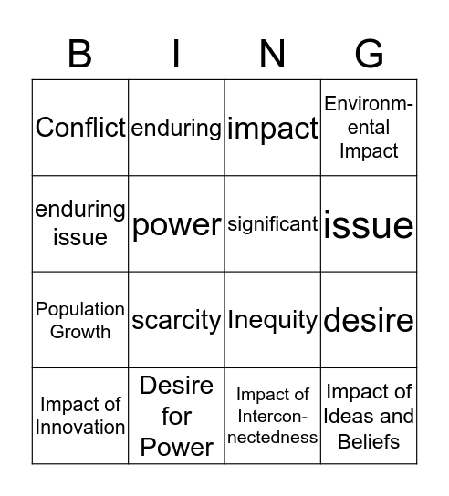 Enduring Issues Bingo Card