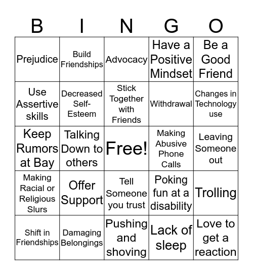 Bullying Prevention Bingo Bingo Card