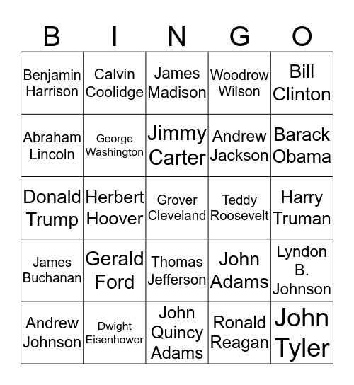 Presidents Bingo Card