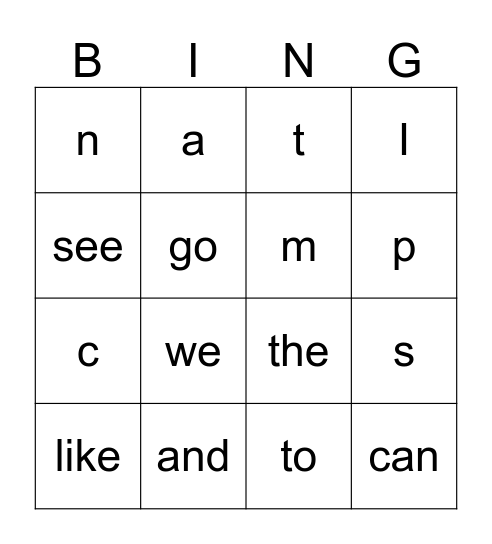 Letter/Picture Bingo for m, s, t, a, c, p, n Bingo Card