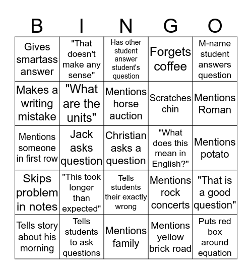 Dress Bingo Card