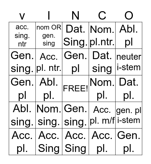 Third Declension Vinco Bingo Card