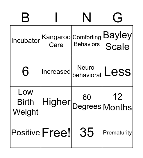 Kangaroo Care Bingo Card