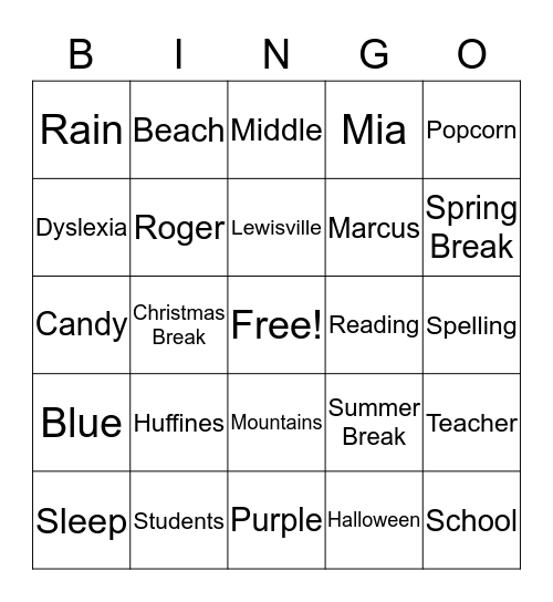 Ms. Sidberry Bingo Card