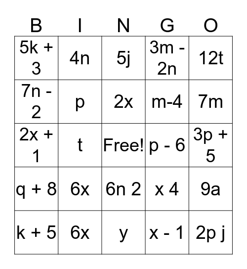 Equivalent Expressions Bingo Card