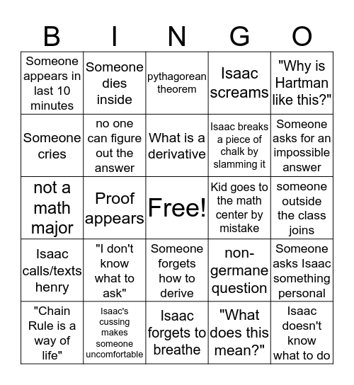 Isaac's Calc Review Session Bingo Card