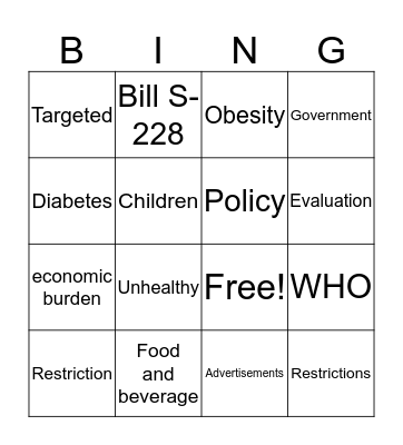 Childhood Obesity  Bingo Card