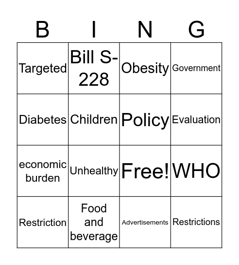 Childhood Obesity  Bingo Card