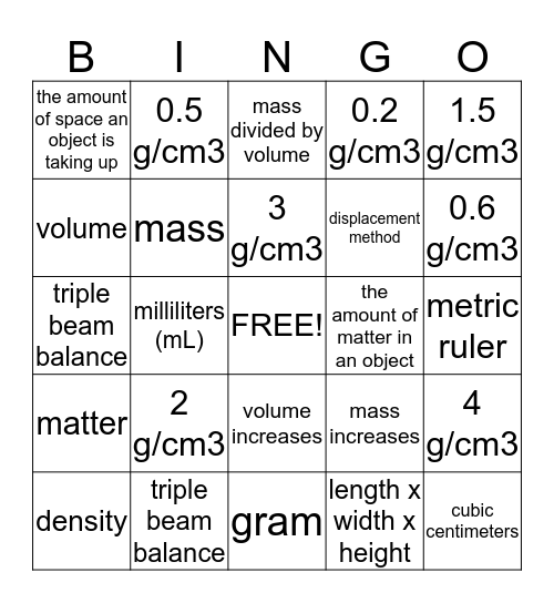 Density Bingo Card