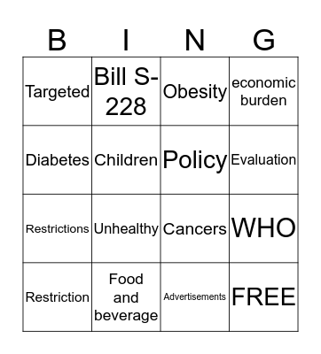 Childhood Obesity  Bingo Card