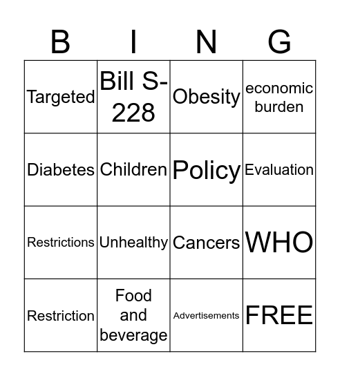 Childhood Obesity  Bingo Card