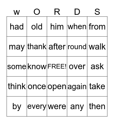 Sight Words Bingo Card