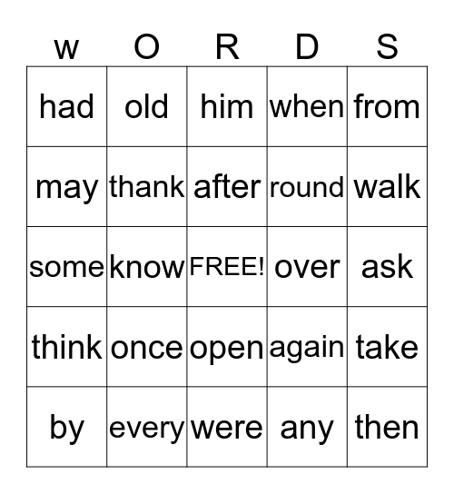 Sight Words Bingo Card