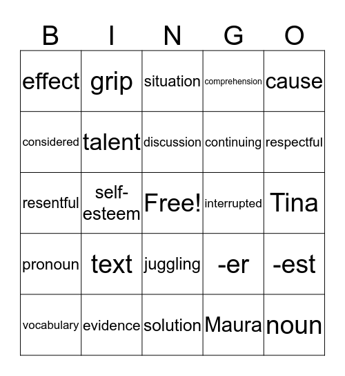 G 4, U1, W2: THE TALENT SHOW Bingo Card