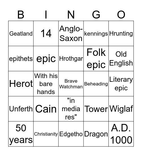 Beowulf Bingo Card