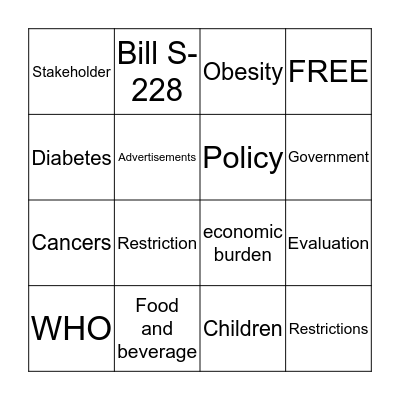 Childhood Obesity  Bingo Card