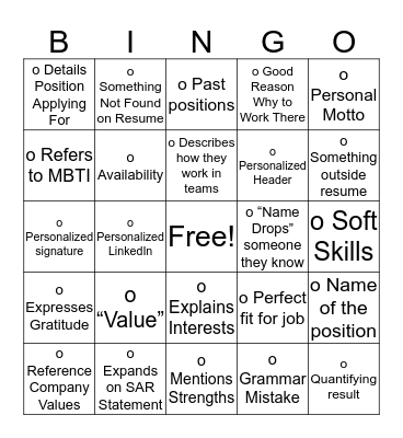 Cover Letters! Bingo Card