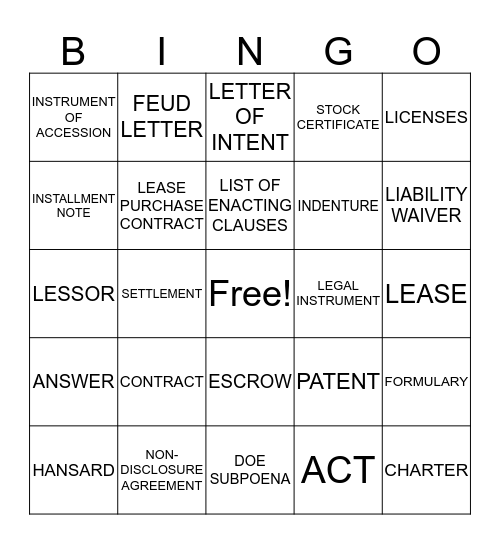 LEGAL TERMS AND DOCUMENTS  Bingo Card