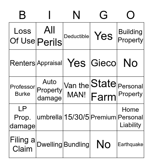Farmers Insurance Bingo Card