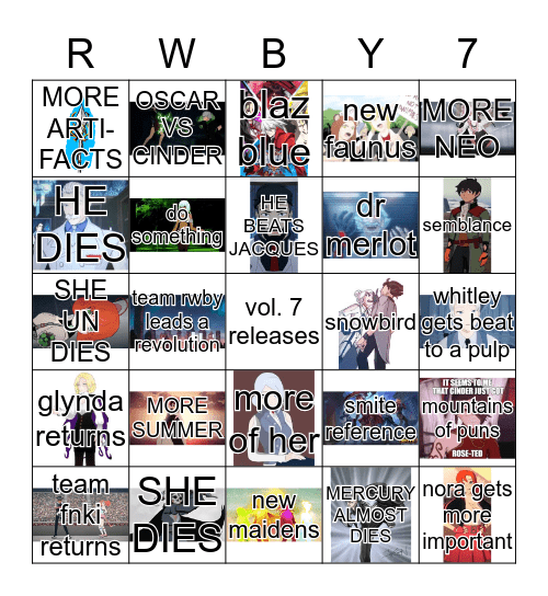 RWBY Vol. 7 Bingo Card