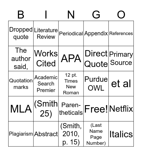 MLA and APA Bingo Card