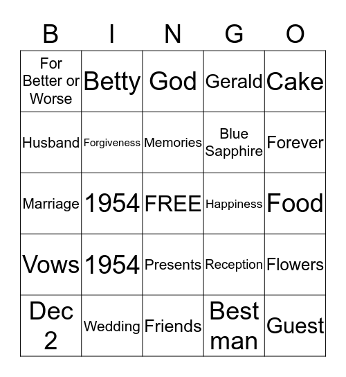 John and Joanne's 50th Wedding Anniversary Bingo Card