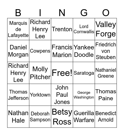 American Revolution Bingo Card