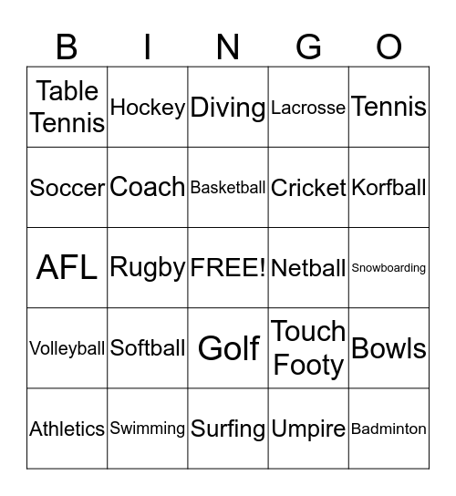 Sport Bingo Card