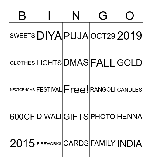 DMAS Diwali 2019 Bingo Card