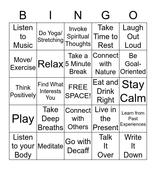 BINGO for Healing Stress, Anxiety and Depression Bingo Card